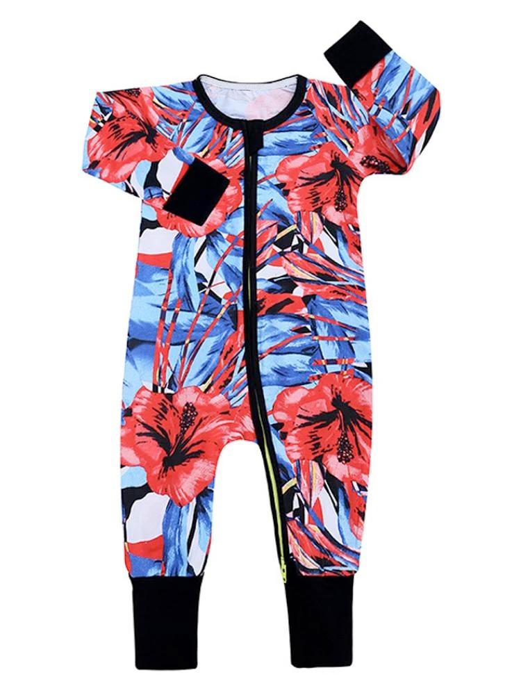 Multicoloured Baby Zip Sleepsuit Playsuit with Feet Cuffs Vibrant Hibiscus 