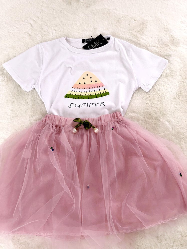 Girls 2 Piece and Pale T-Shirt Top Tulle Skirt Outfit with Watermelon Detail 