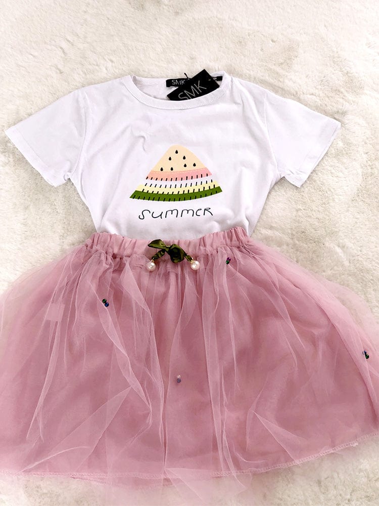 Girls 2 Piece White and Pale Pink T-Shirt Top & Tulle Skirt Outfit with Watermelon Detail | Style My Kid
