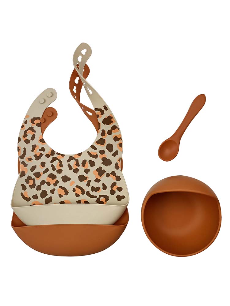 SILICONE BIBS BOWL AND SPOON BABY FEEDING SET - Animal Print and Tan | Style My Kid