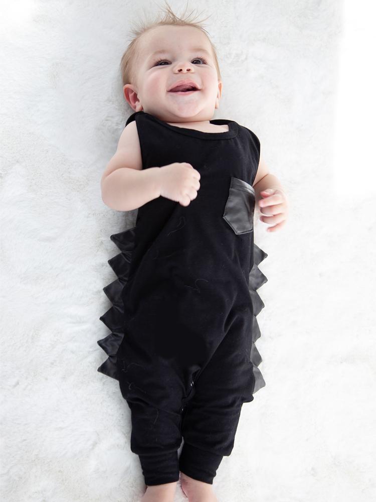 Black Sleeveless Baby Romper with Dino Spikes | Style My Kid