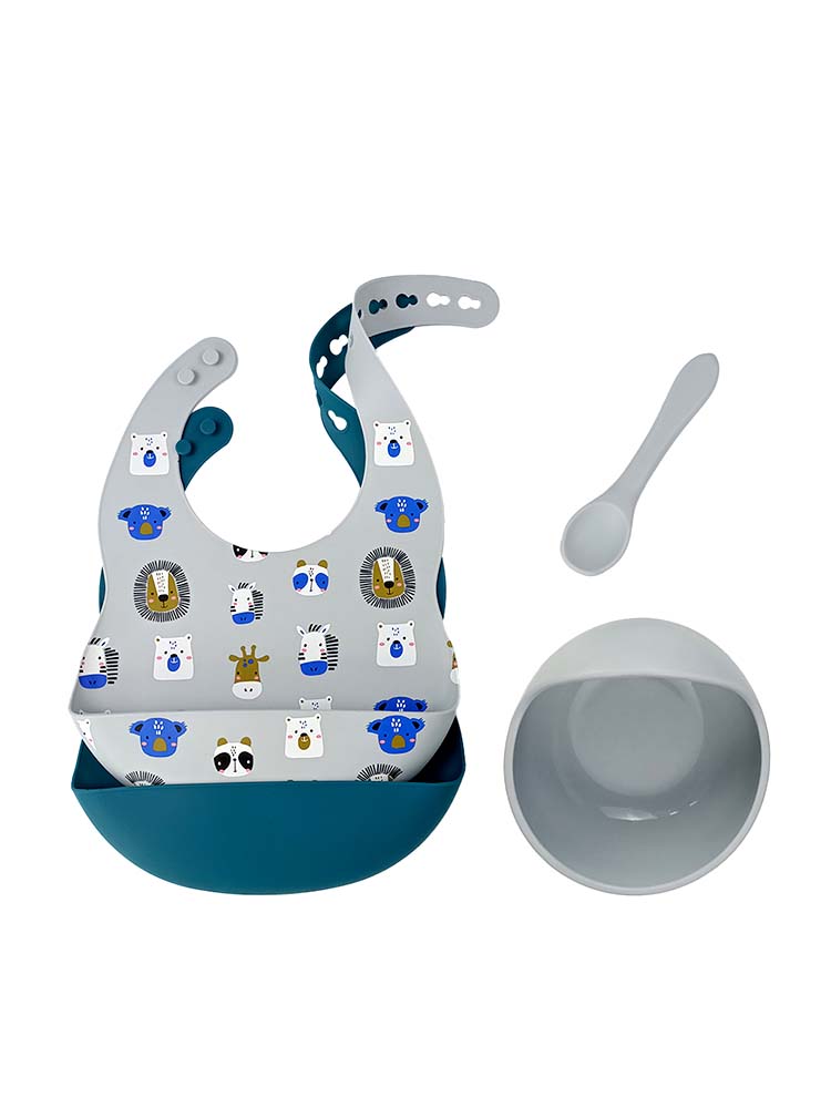 SILICONE BIBS BOWL AND SPOON BABY FEEDING SET - Zoo Animal Print and 