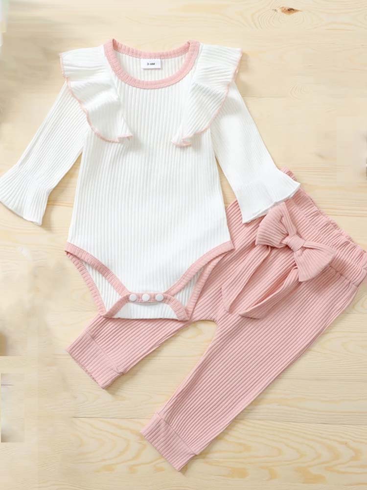 Baby Girl Ruffle White Bodysuit & Pink Bow Leggings - 2 Piece Outfit | Style My Kid