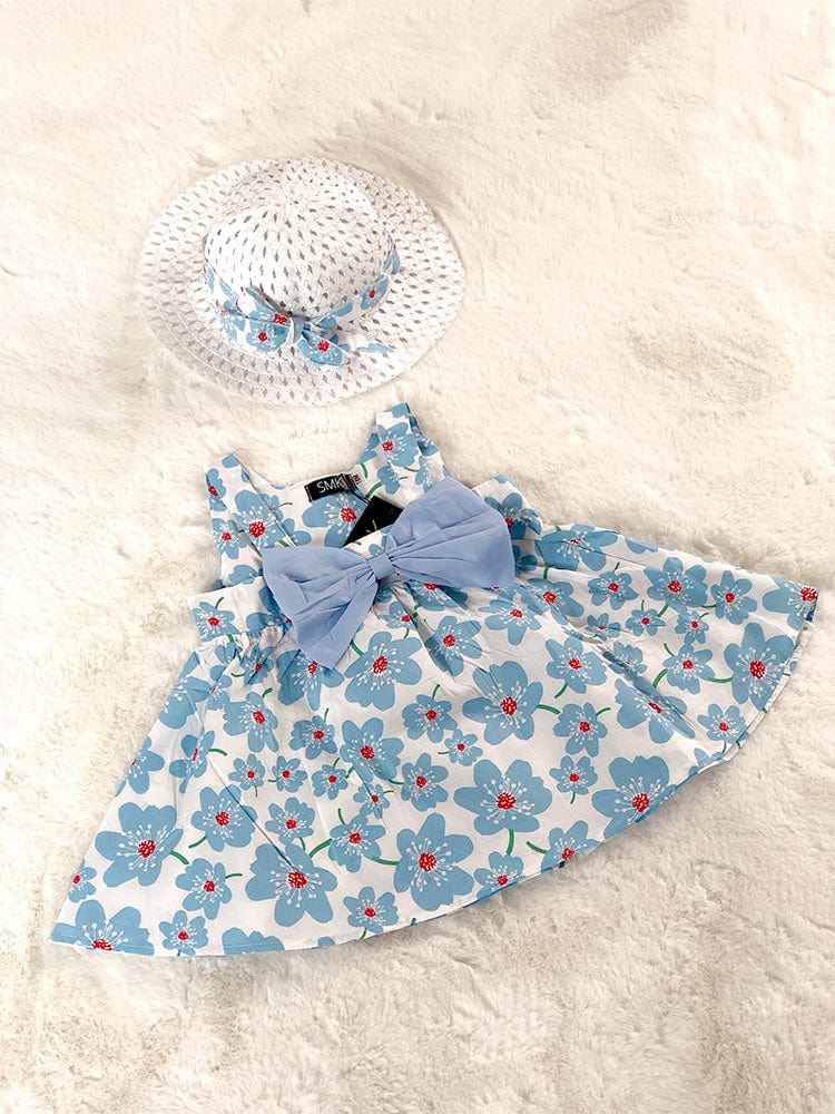 Girls Blue Daisy Print Dress with Summer Hat and Bow | Style My Kid