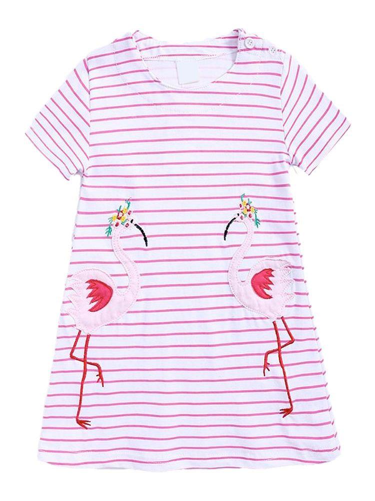 Fantastic Flamingoes - Girls Short Sleeve Striped Dress 