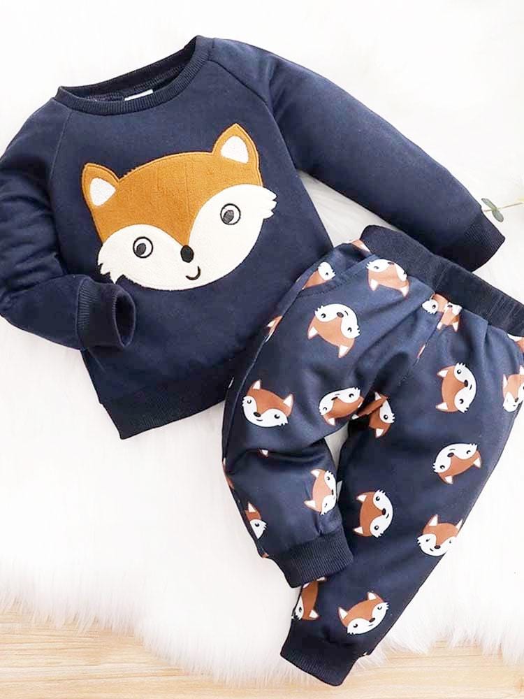 Dark Blue Baby & Toddler Fox Print Sweater & Bottoms - 2 Piece Outfit | Style My Kid