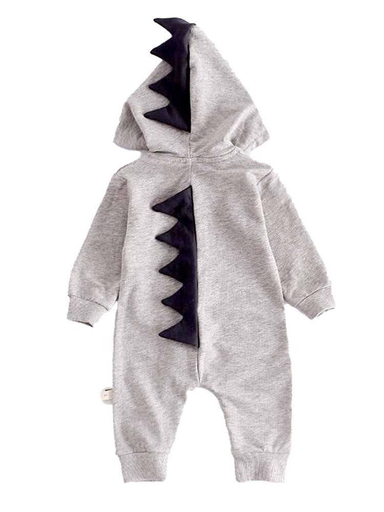 Pale Grey Dinosaur Baby Hooded Onesie With Dark Spikes | Style My Kid