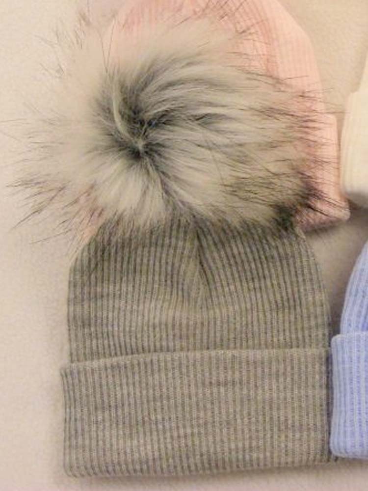 Ribbed Faux Fur Pom Pom Hat - Silver Grey - 3-24 Months
