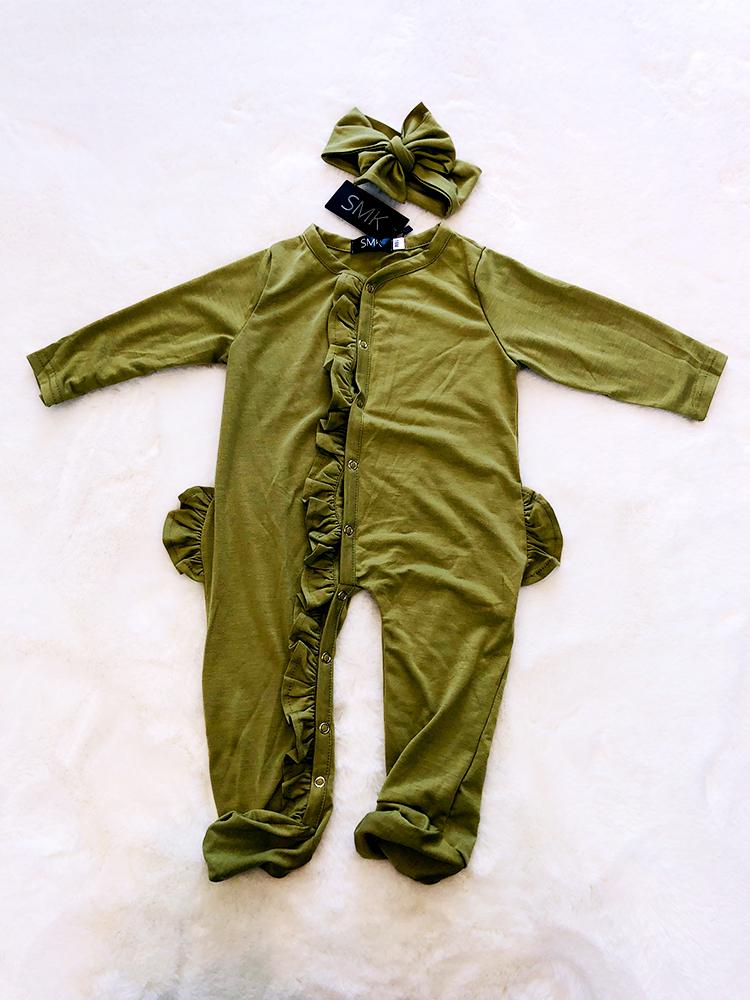 Olive Green Baby Footed Sleepsuit with Front & Bottom Ruffles | Style My Kid