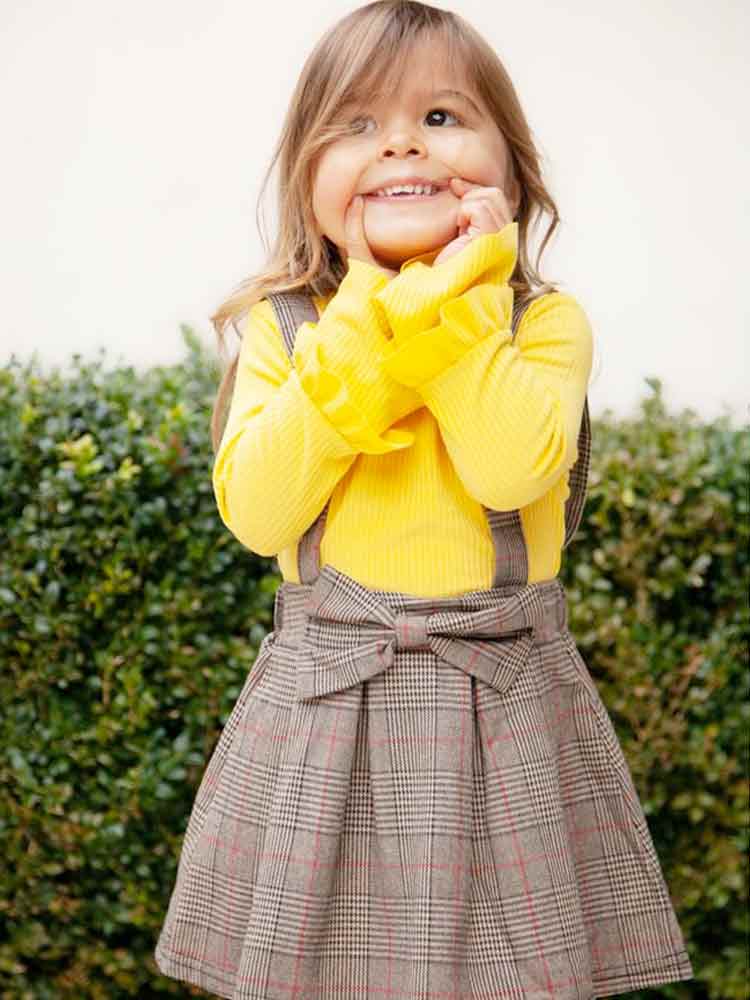 Girls Classic Plaid Color-Block Dress with Bow and Braces with Yellow Top | Style My Kid