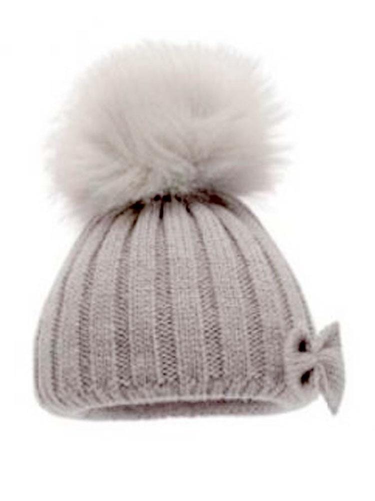 Newborn Bow Faux Fur Pom Pom Knit Hat -