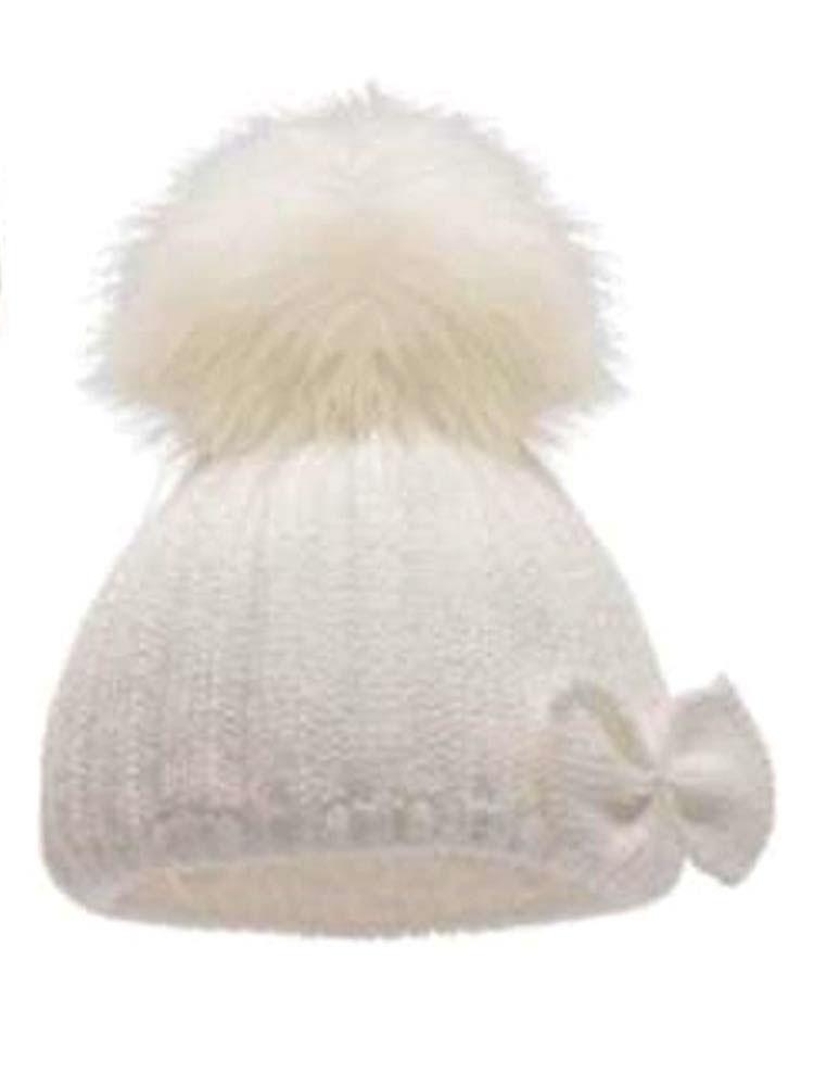 Newborn Bow & Faux Fur Pom Pom Knit Hat - White