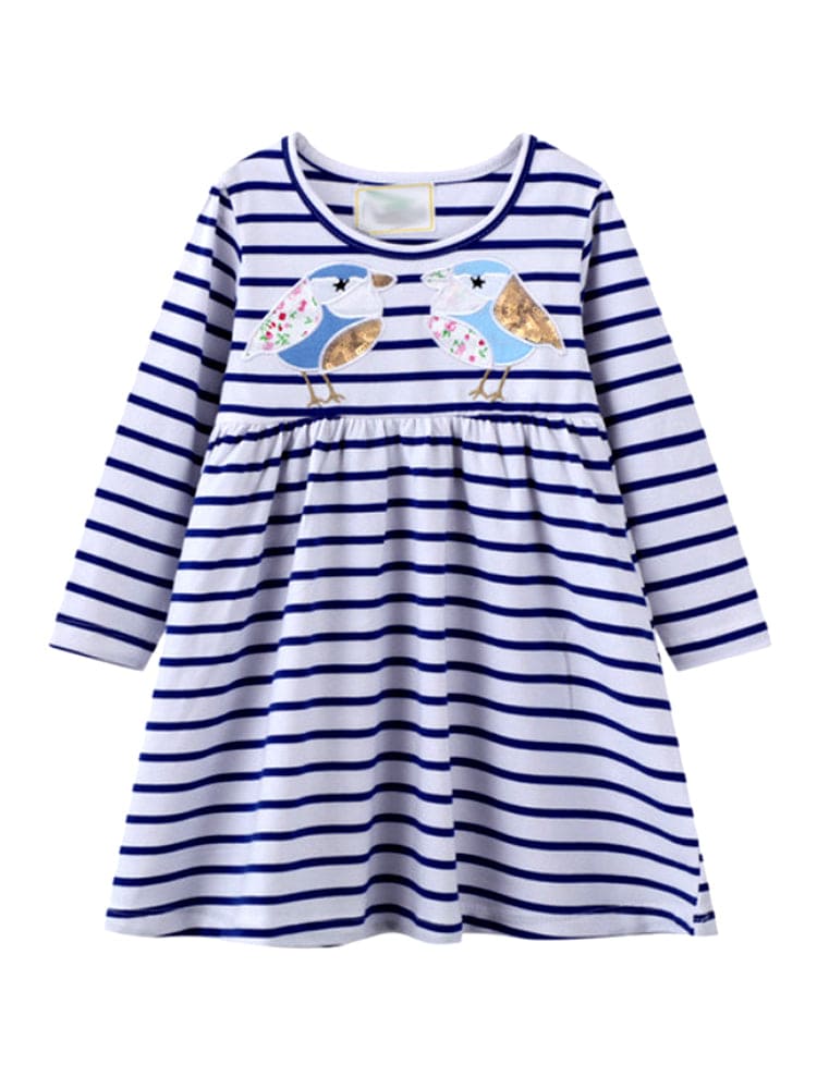 Striped Long Sleeve Girls Navy and Whilte Tweetie Bird Dress | Style My Kid