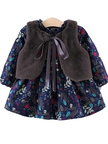 Girls Flower Dress with Faux Fur Gilet Floral Baby Dress with Gilet 18-24M