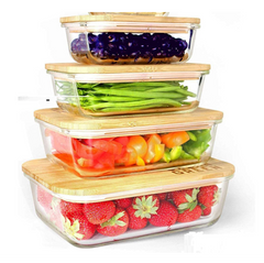 4pk Glass Food Storage Container Set Rectangular With Eco-Friendly Airtight Bamboo Wood Lids -Plastic-Free, Heat And Cold Resistant Glass Ideal For Lunch, Meal Prep Baking