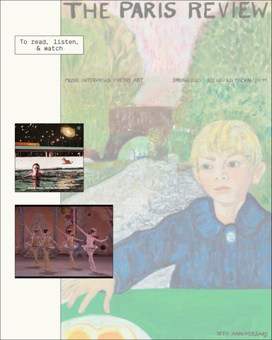 A collage featuring a ballet, a music album, and The Paris Review