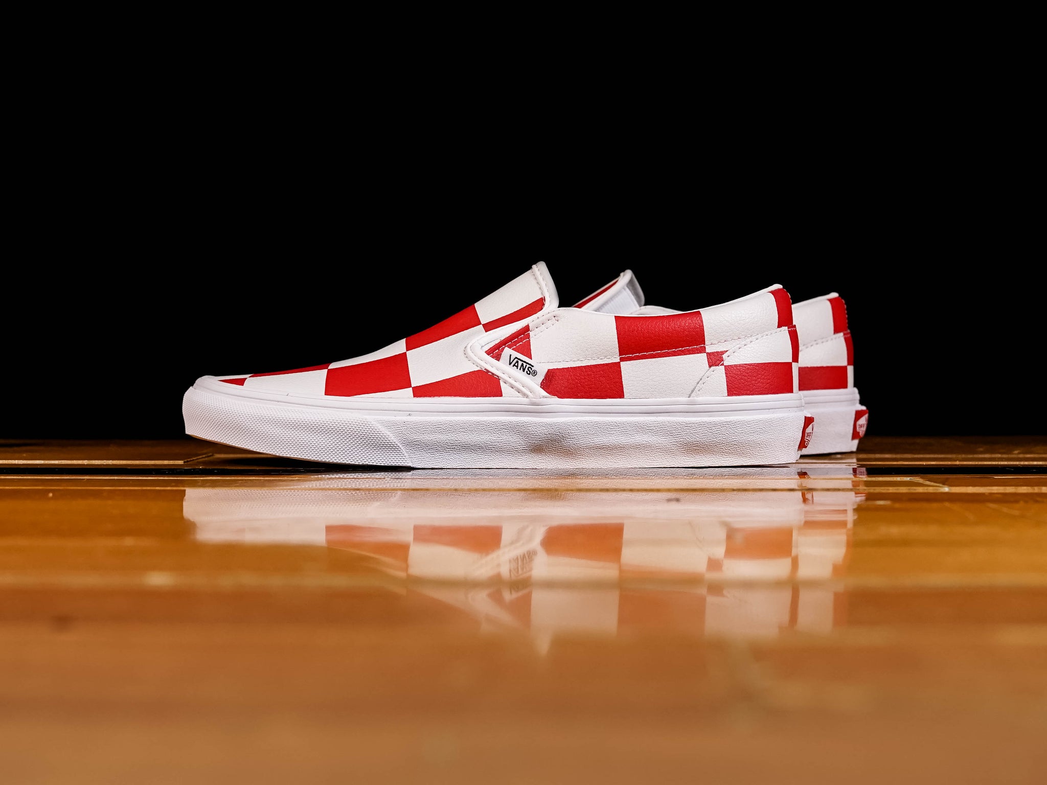 vans red leather slip on