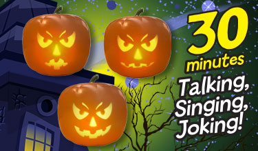 3 rock n' jack pumpkin products on spooky halloween background with accompanying text that reads 30 minutes talking singing joking