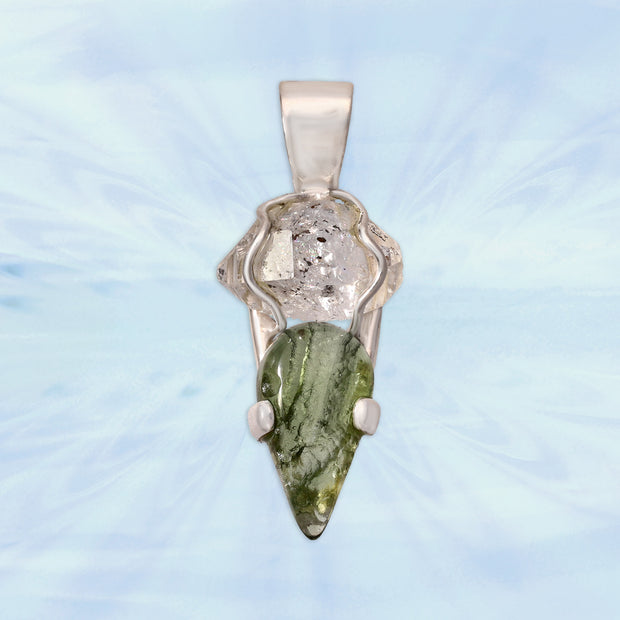 Herkimer Diamond & Moldavite Silver Pendant