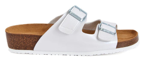 white leather corkbed two strap sandals