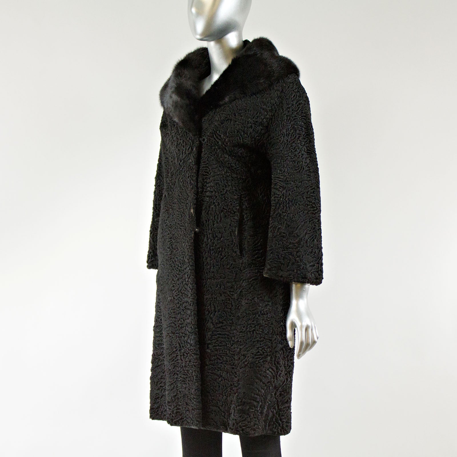 Black Persian Lamb Fur Coat with Mink Cowl Collar - Size XS | VintageFurs