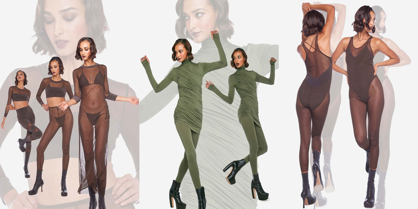 Fall '23 featuring power mesh in chocolate and military green