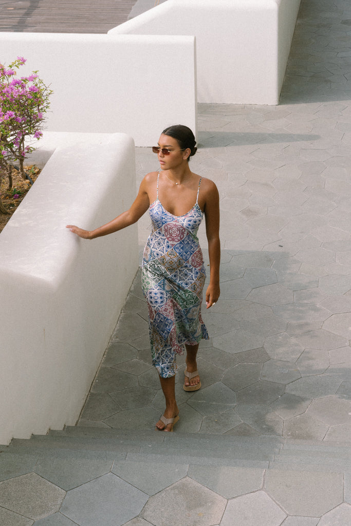 90's silk slip dress in Amalfi tile print