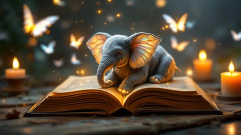 Baby elephant resting on an open book, surrounded by glowing butterflies and candlelight, symbolizing wisdom, transformation, and spiritual connection.
