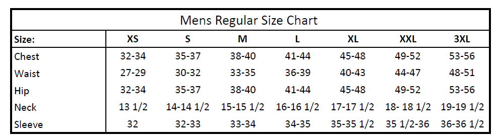 Size Chart – WeberTech Apparel
