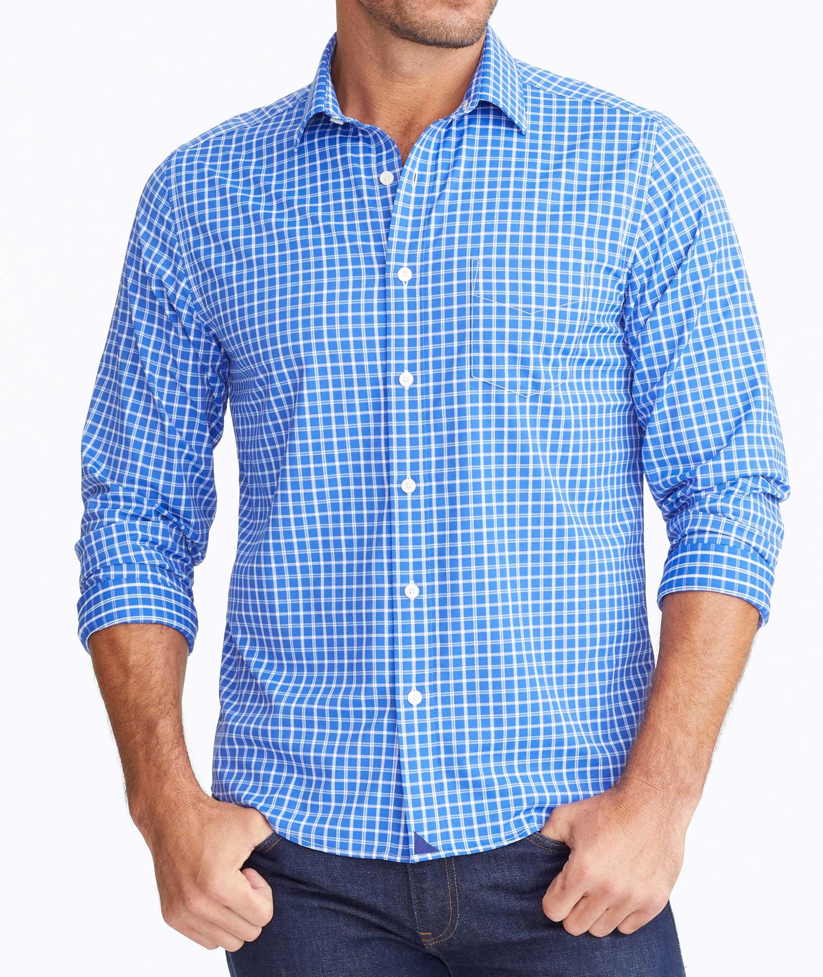 Wrinkle-Free Performance+ Kiepersol Shirt Blue with White Check ...