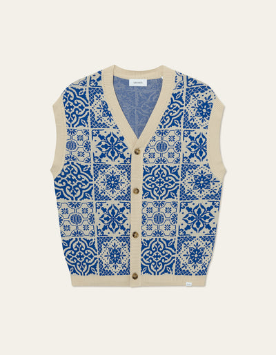 Les Deux MEN Joaquin Jacquard Cardigan Vest Knitwear 218480-Light Ivory/Surf Blue