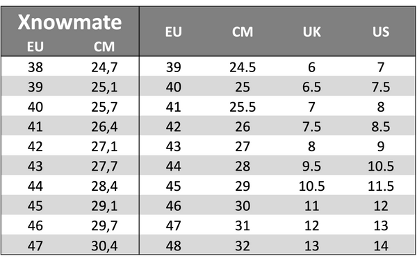 Xnowmate Size Guide