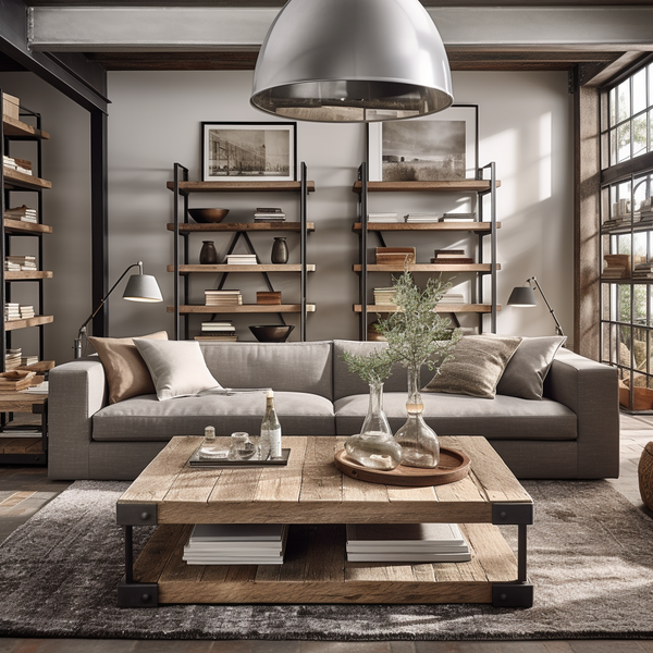 salon style industriel avec meubles en bois