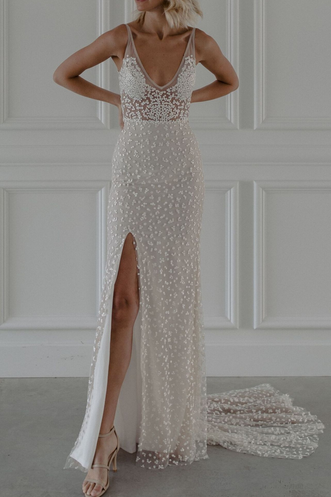 woman modeling made with love rosey dotted crepe wedding dress