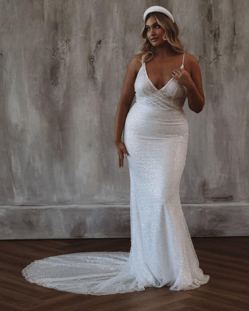 women modeling Made With Love Mila sequined wedding dress