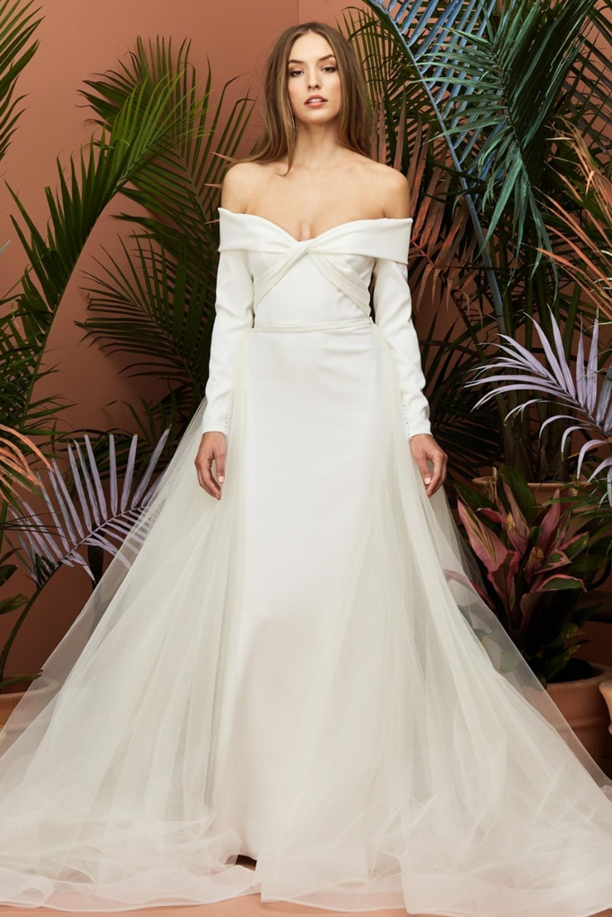 Model Wearing WToo Elensia Off-the-Shoulder Modern Wedding Dress