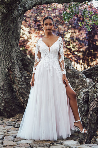 Romantic Rustic Wedding Dress: White Satin A Line Large Gown With Long  Sleeves, Transparent Sizes, And Minimalist Lace Train From Cplv1, $122.87 |  DHgate.Com