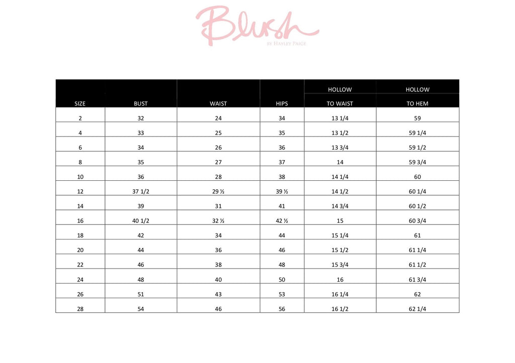 Hayley Occasions Size Chart 2