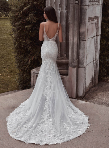 Shop beading spaghetti straps ruffled white mermaid wedding dress