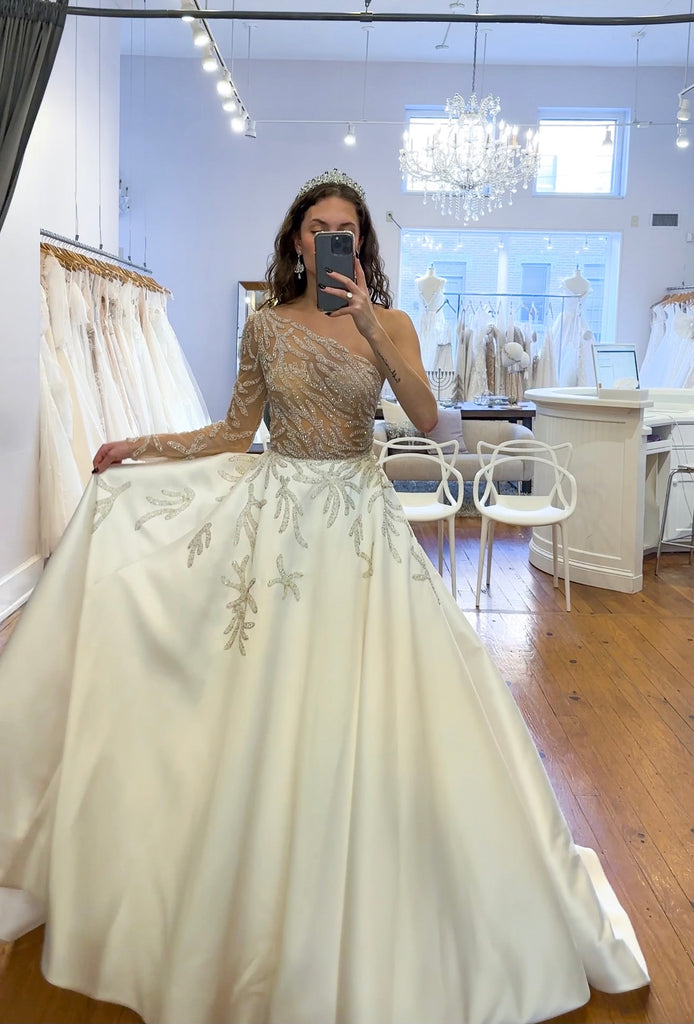 Long Sleeve Mikado Ball Gown Wedding Dress With Dropped Waist And Deep  V-neckline | Kleinfeld Bridal