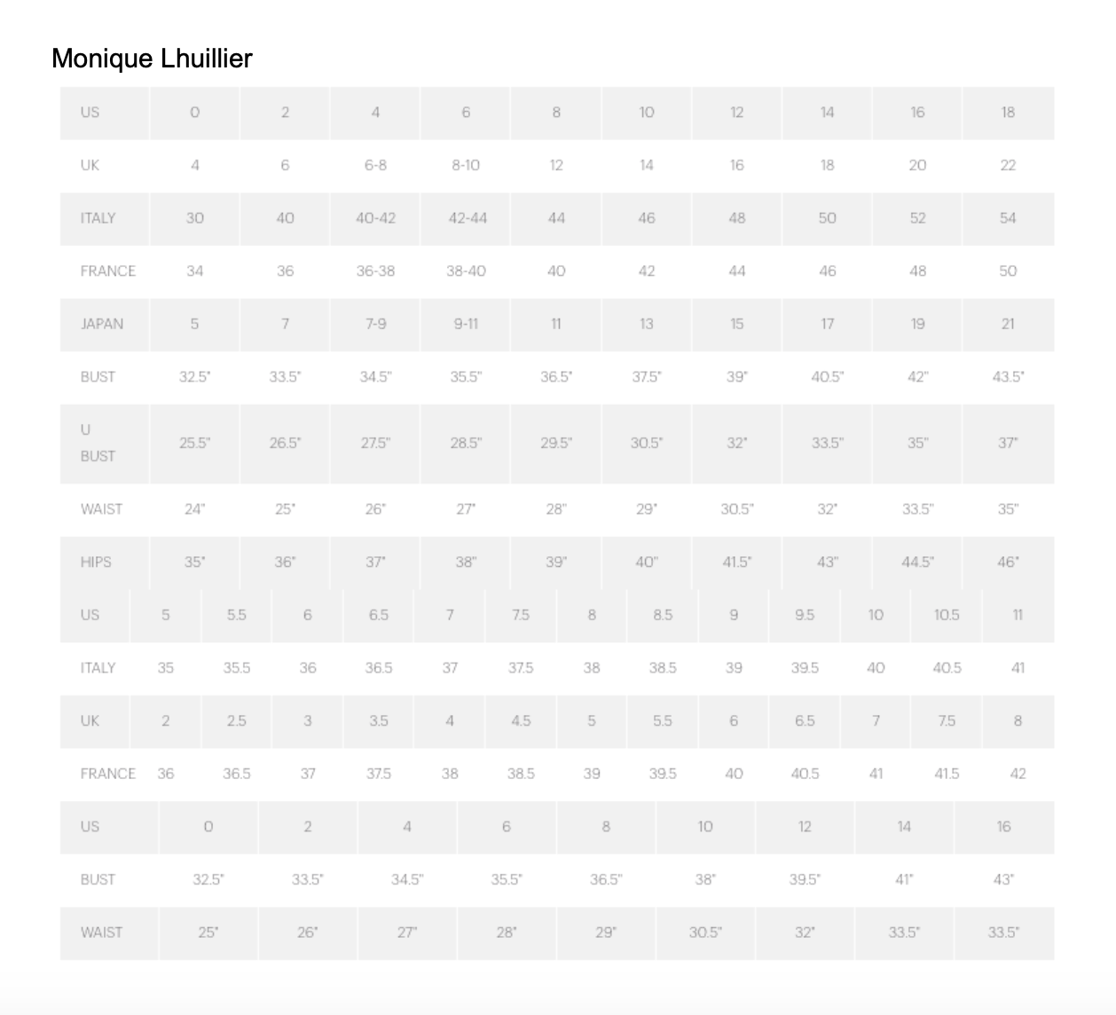 Lhuillier Size Chart