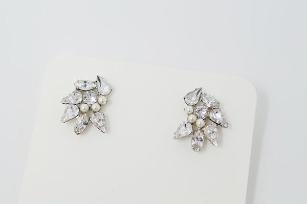 Silver Stud Earrings with Crystals and Pearls