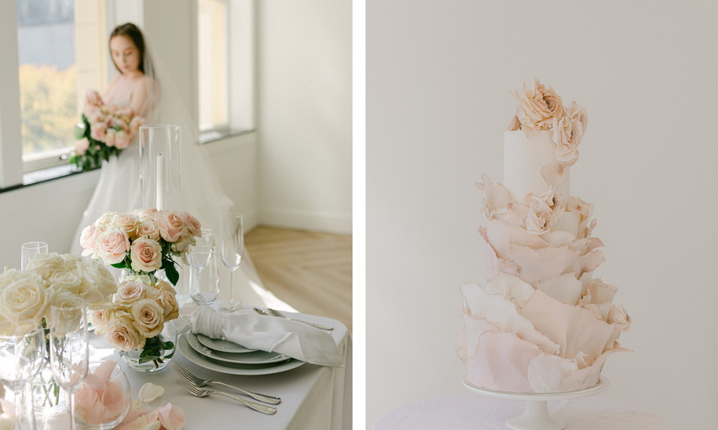 modern wedding table display and modern wedding cake