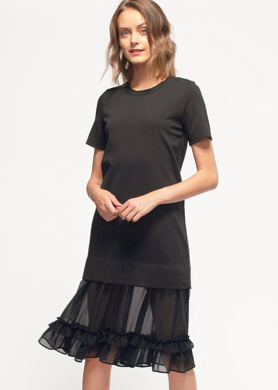 Sheer Contrast Ruffle Hem Midi Dress In Black by Shop at Konus