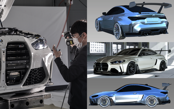 Engineer scanning a factory vehicle; Right image: Digital 3D render of the ADRO G82 M4 widebody kit.