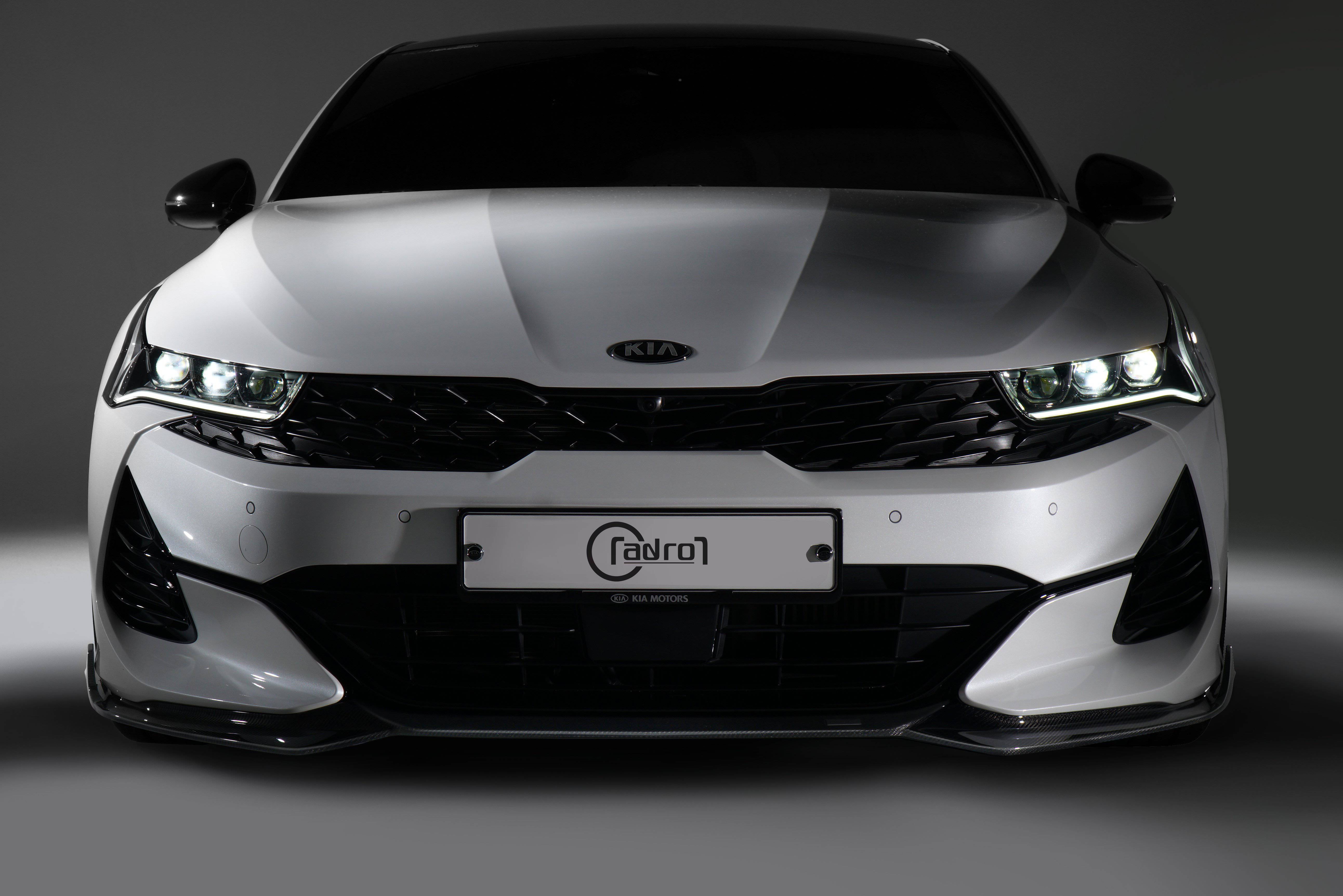 The carbon fiber front lip splitter for the Kia K5 is compatible with