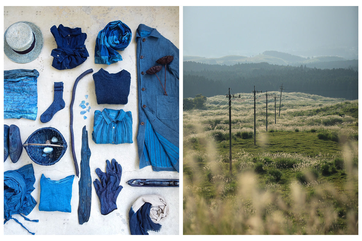 Left image of a collection of Indigo dyed garments and objects. Image on right is a landscape of the French countryside.