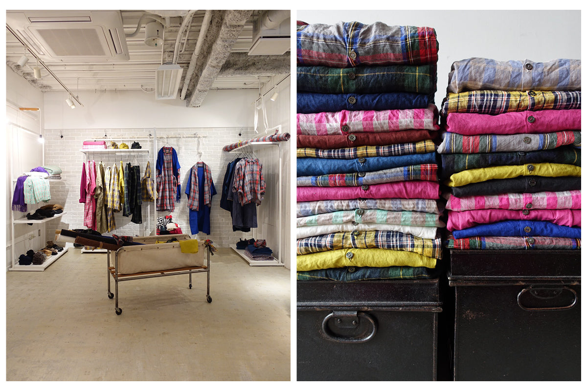 Image on the left is of the Ichi Antiquités Paris market showroom. Image on right is of folded stacks of brightly colored and patterned linen garments.