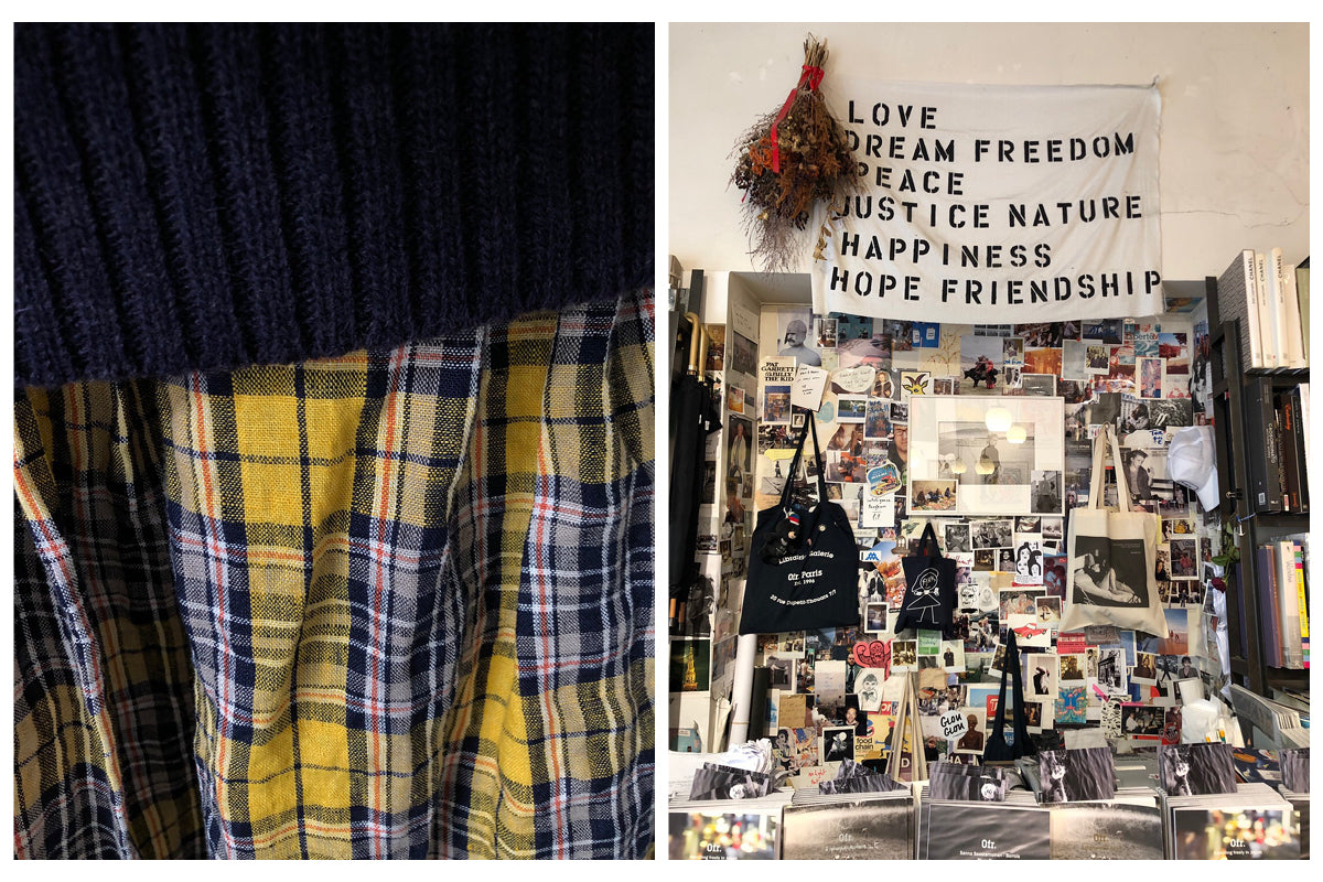 Image on left is a close-up detail of a yellow and black check linen fabric. Image on right is of a record store interior, taken in Paris.