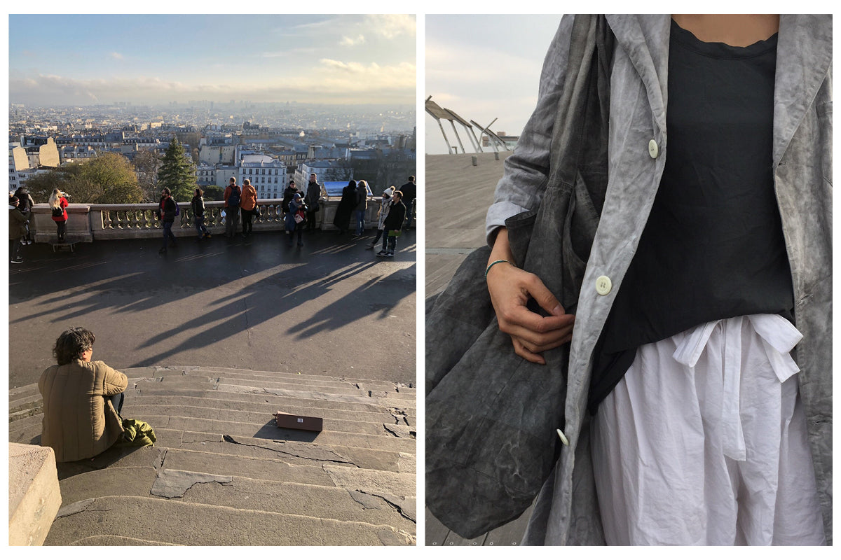 Image on left is of Ichi Antiquités designer Jumpei sitting on steps looking out at a view of Paris. Image on right is a close-up crop of a white, grey and black linen outfit worn by Yuki.